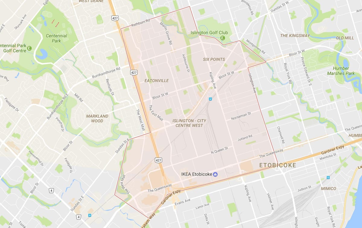 Карта Islington-сърцето на Западен район на Торонто