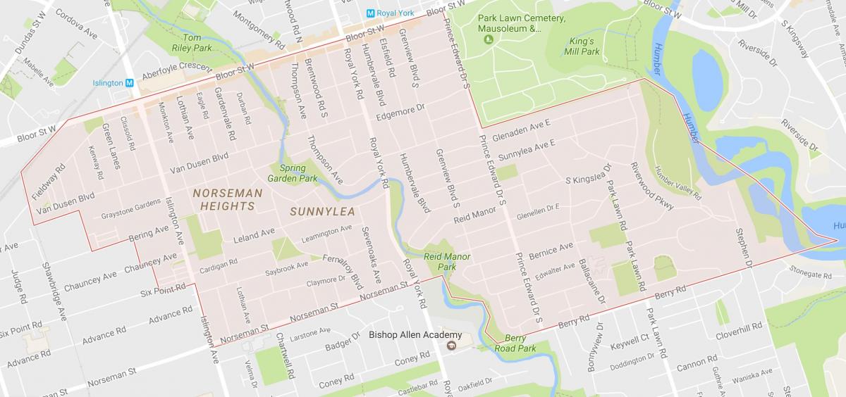 Карта Sunnylea района на квартал на Торонто