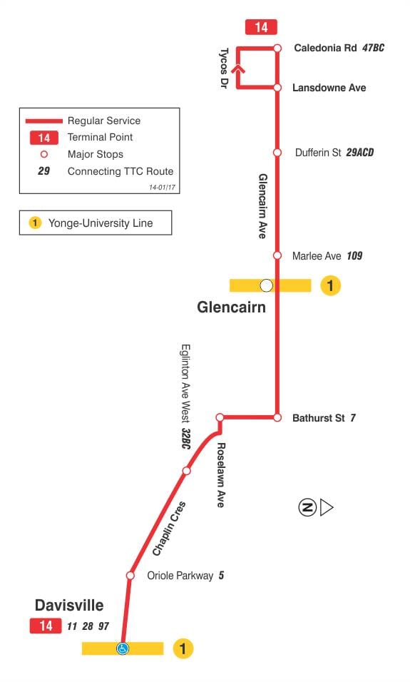 Карта на TTC 14 Гленкейн автобусна линия Торонто