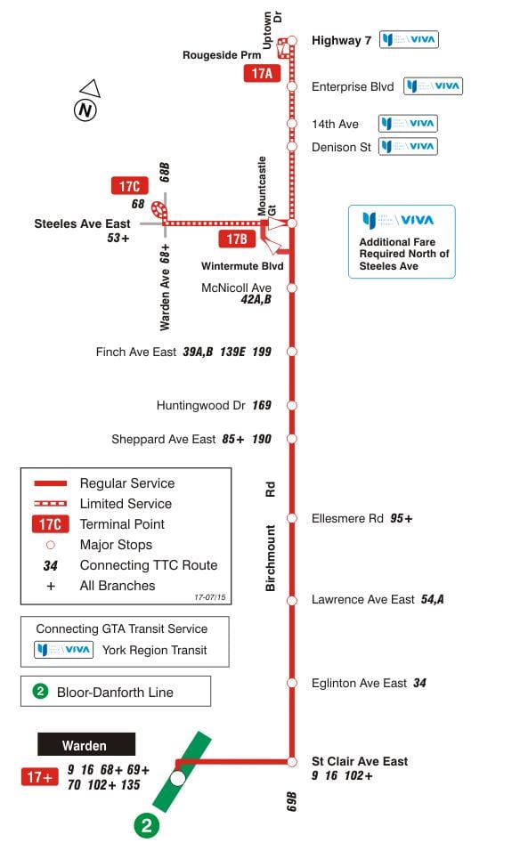 Карта ТТС 17 Birchmount автобусна линия Торонто