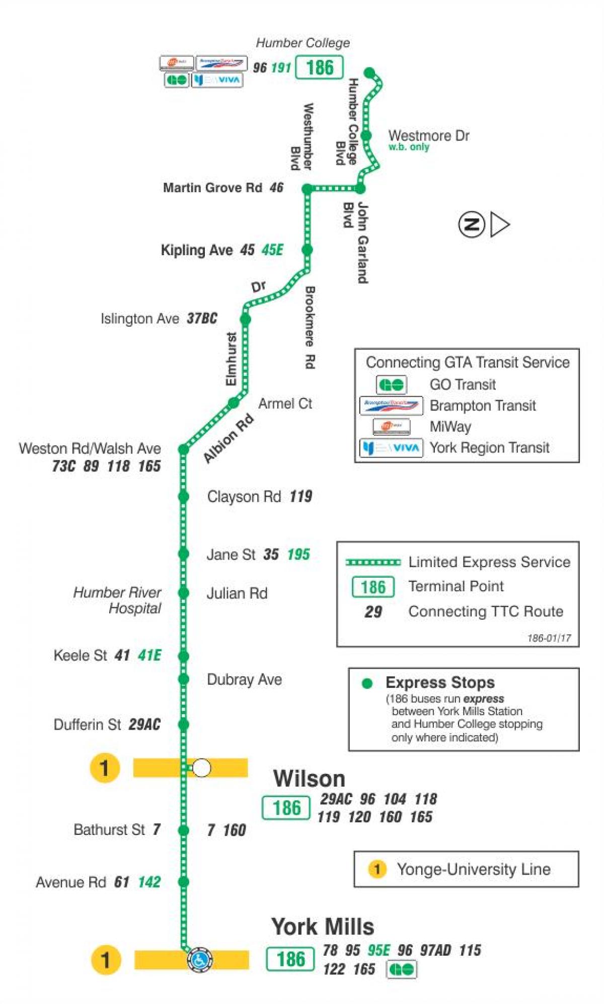 Карта на TTC 186 ракета Уилсън автобусна линия Торонто