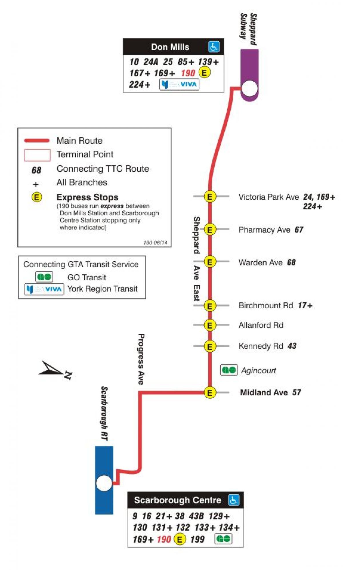 Карта на TTC 190 Scarborough Център ракета автобусна линия Торонто