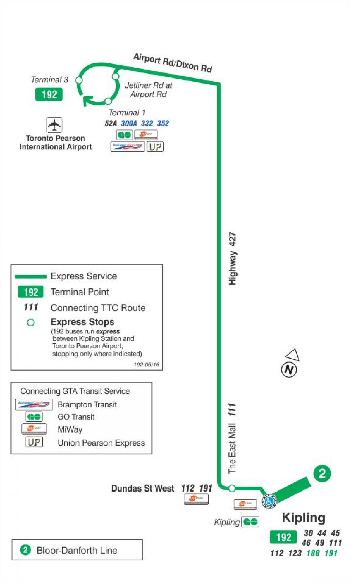 Карта на TTC 192 летище ракета автобусна линия Торонто