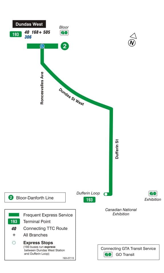 Карта на TTC 193 изложба ракети автобусна линия Торонто
