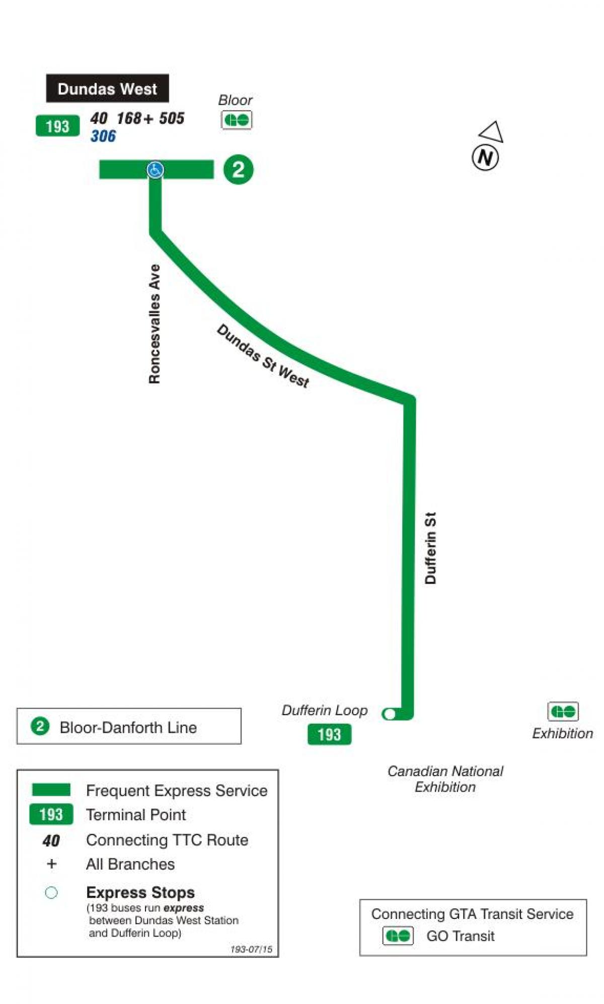 Карта на TTC 193 изложба ракети автобусна линия Торонто