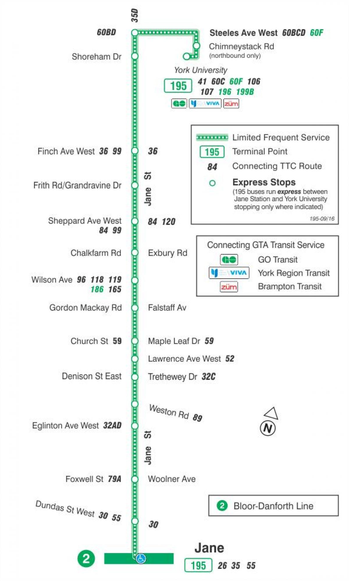 Карта на TTC 195 ракета Джейн автобусна линия Торонто