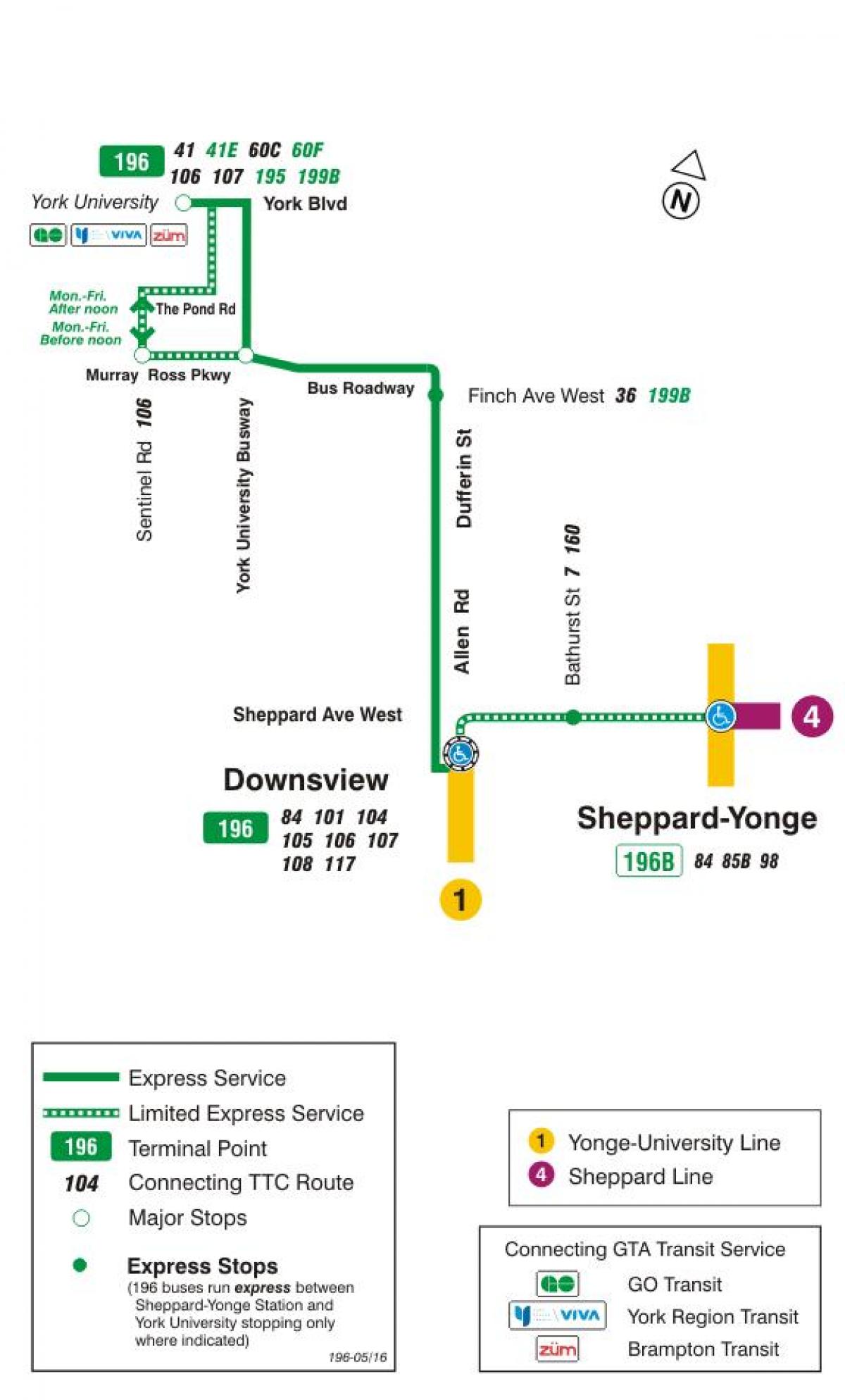 Карта на TTC 196 Нюйоркския университет ракета автобусна линия Торонто