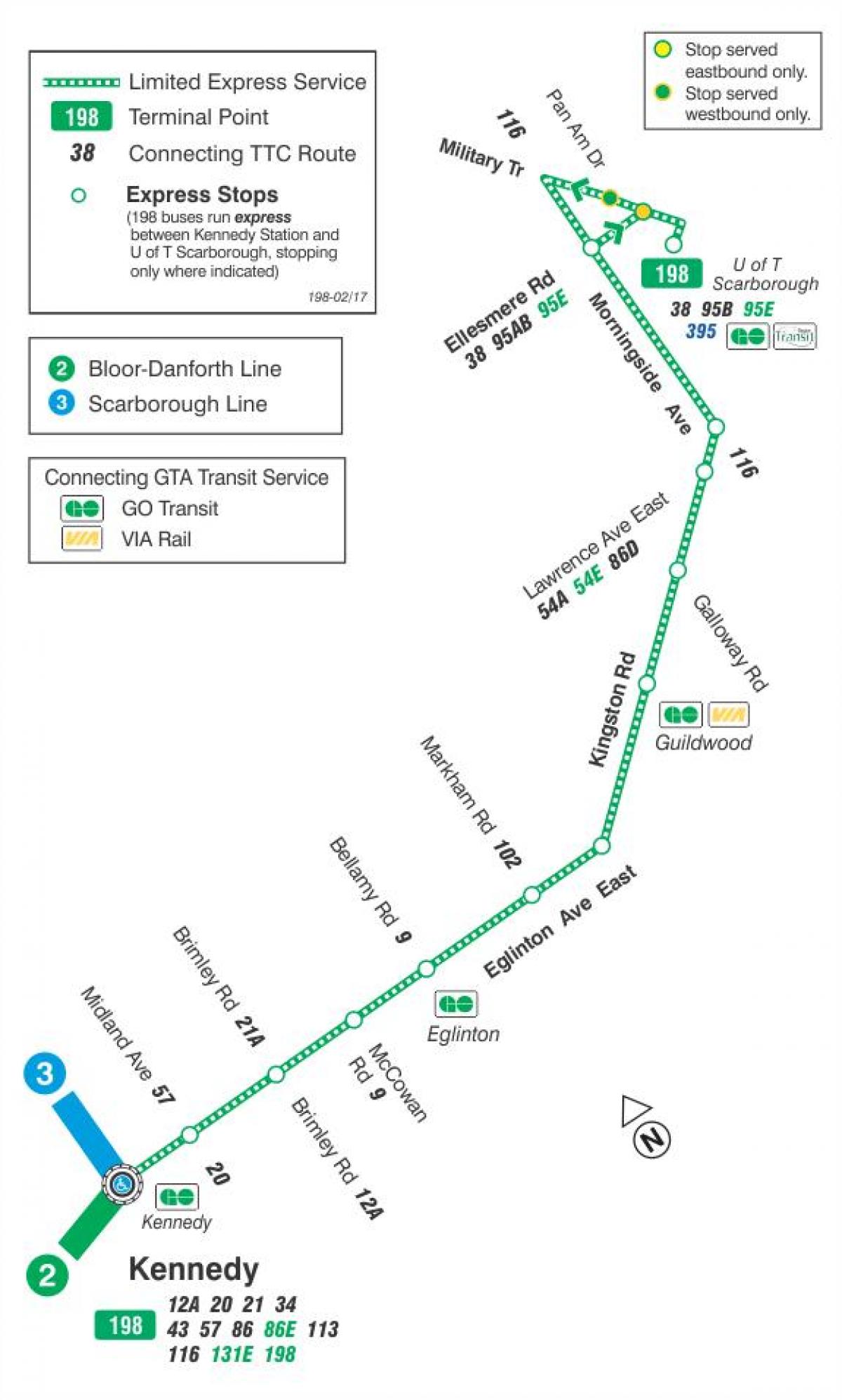 Карта на TTC 198 н т Scarborough ракети автобусна линия Торонто