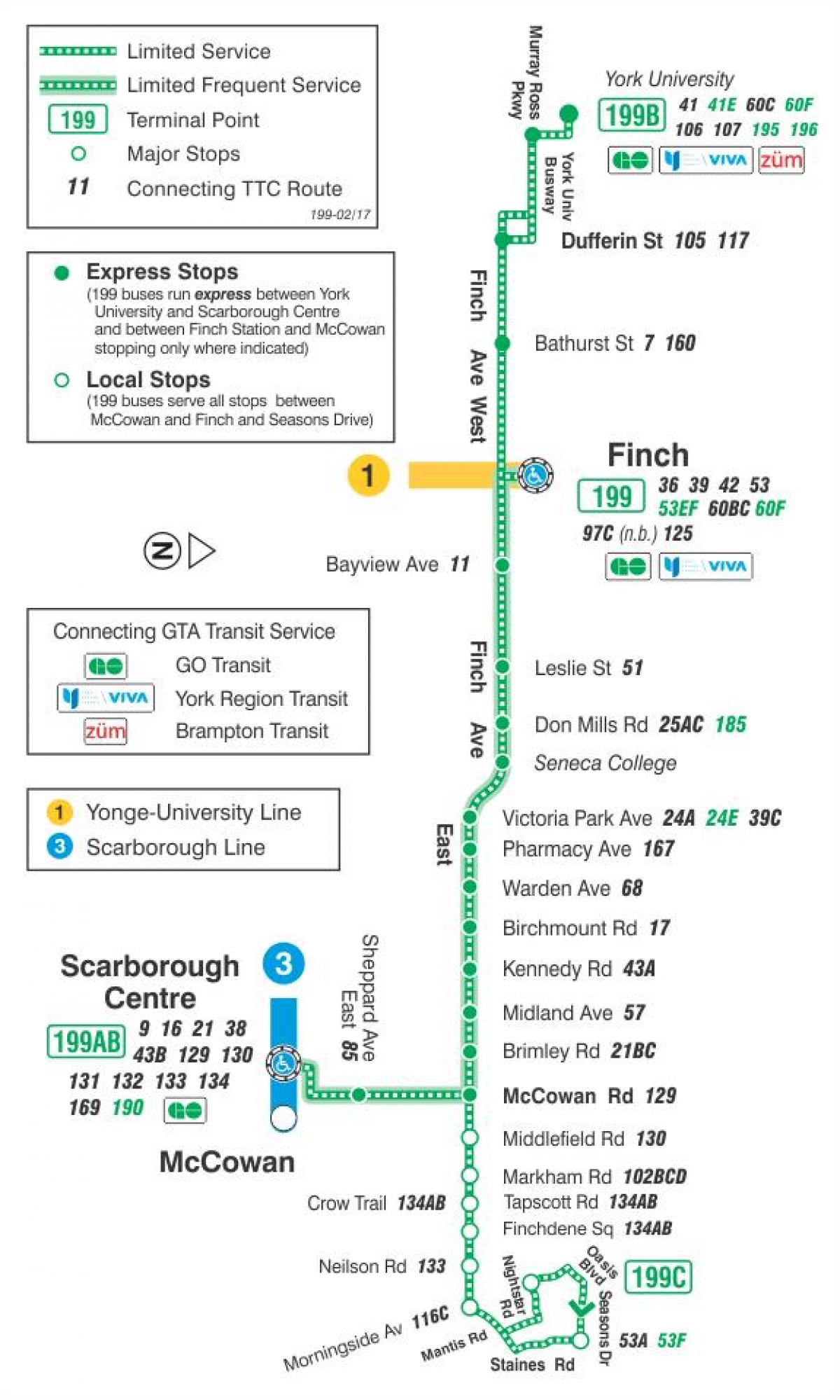 Карта на TTC 199 Финч ракети автобусна линия Торонто
