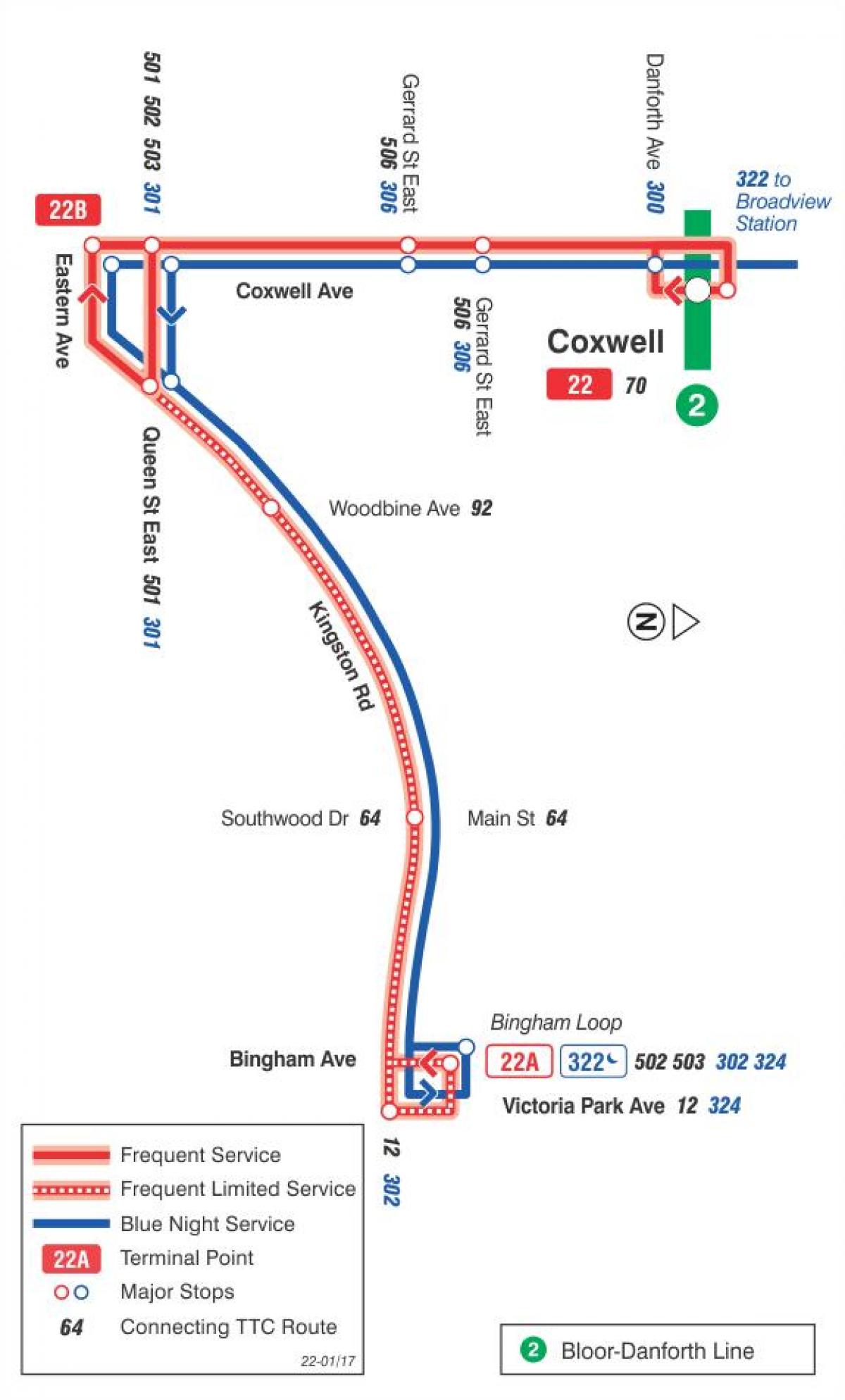 Карта ТТС 22 Коксуэлл автобусна линия Торонто
