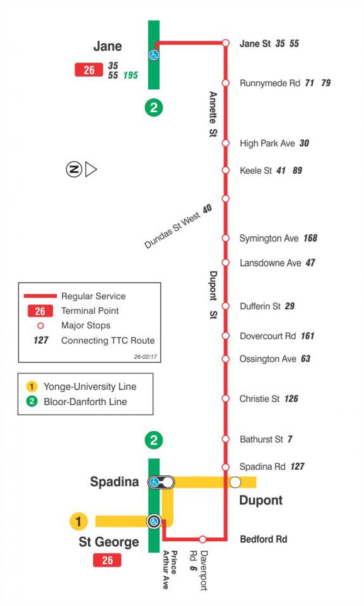 Карта на TTC 26 Dupont автобусна линия Торонто