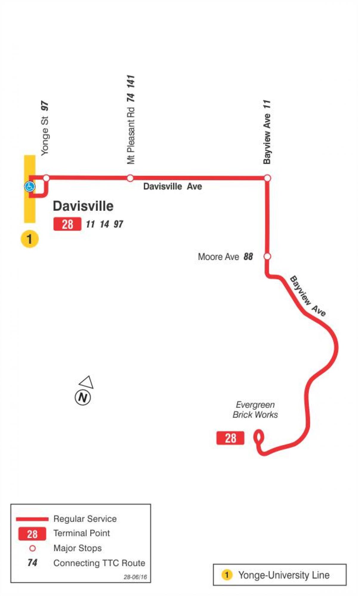 Карта ТТС 28 Вили Южен автобусна линия Торонто