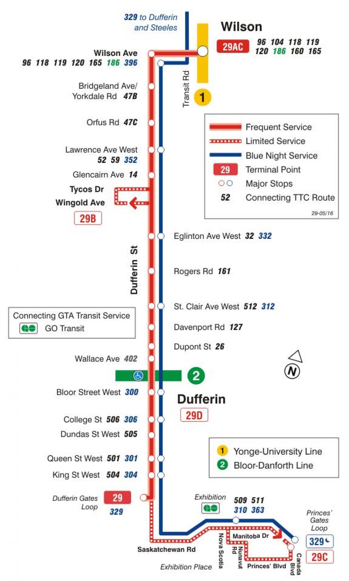 Карта на TTC 29 Дафферин автобусна линия Торонто