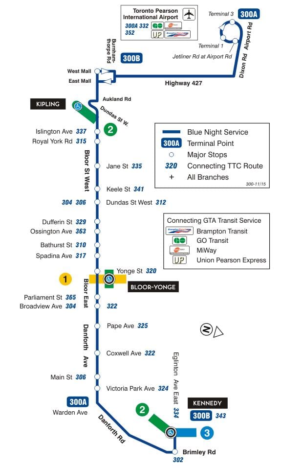 Карта на TTC 300А Bloor-Danforth автобусна линия Торонто