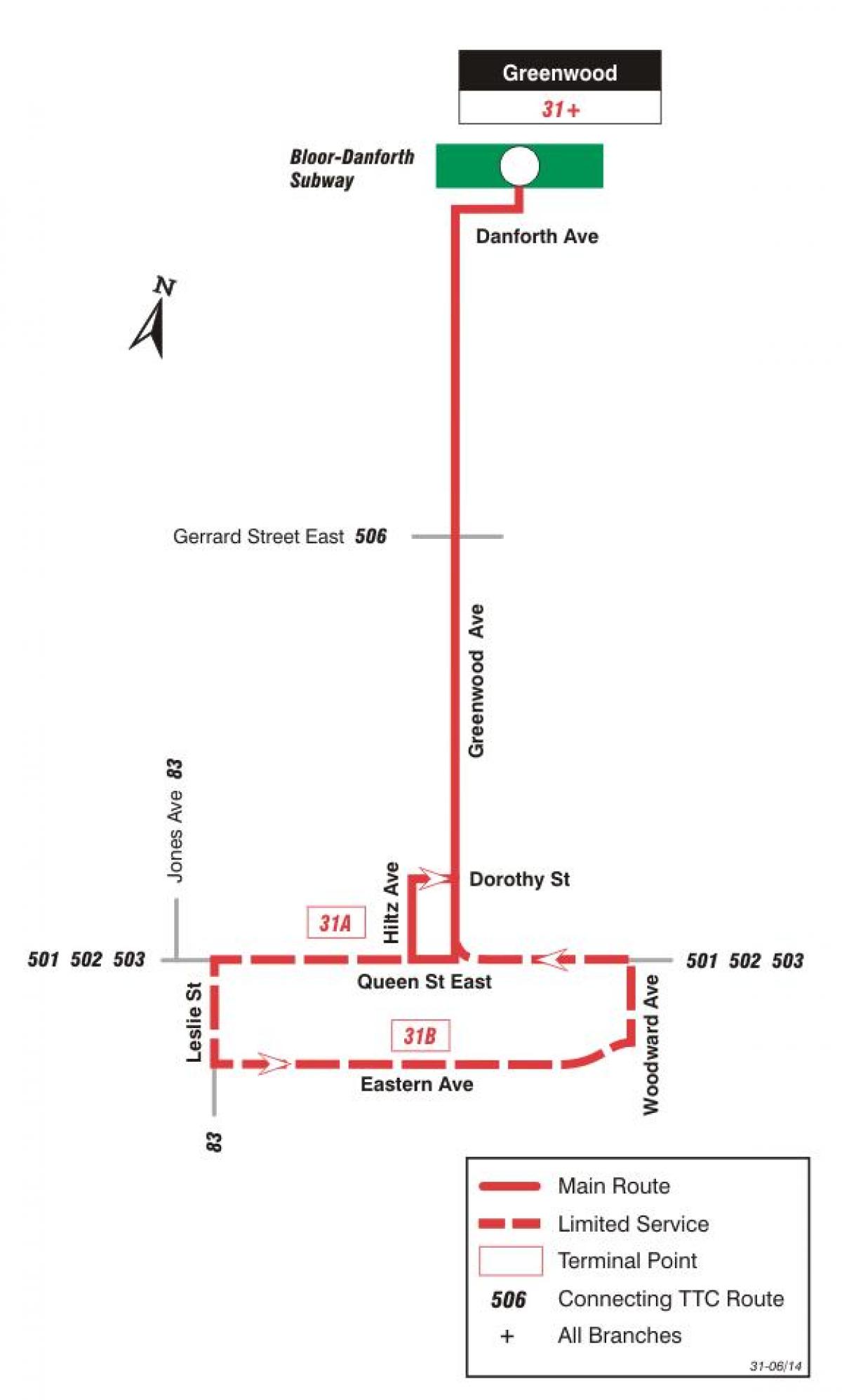 Карта на TTC 31 Грийнуд автобусна линия Торонто
