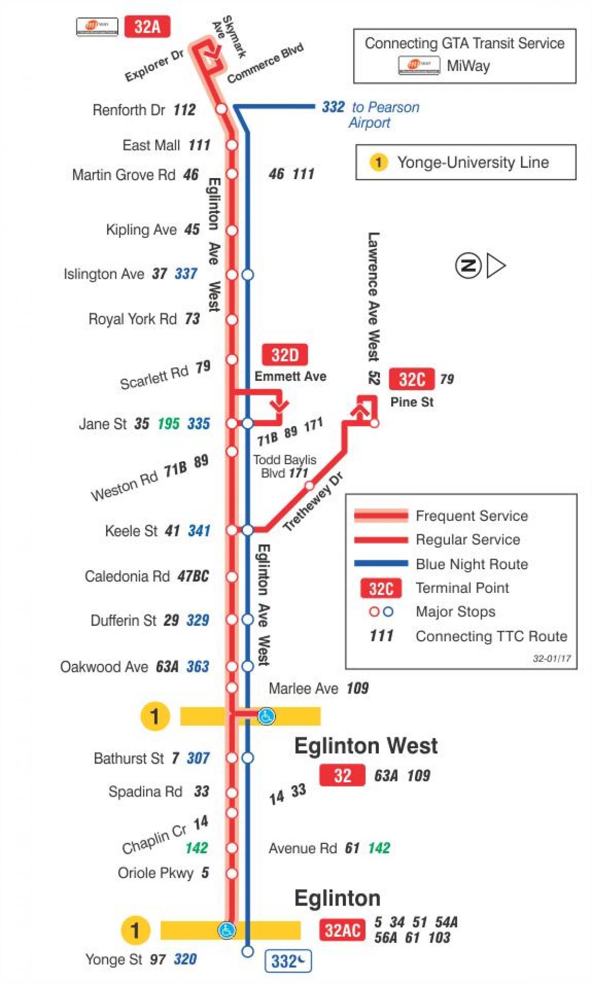 Карта на TTC 32 Эглинтон Уест автобусна линия Торонто