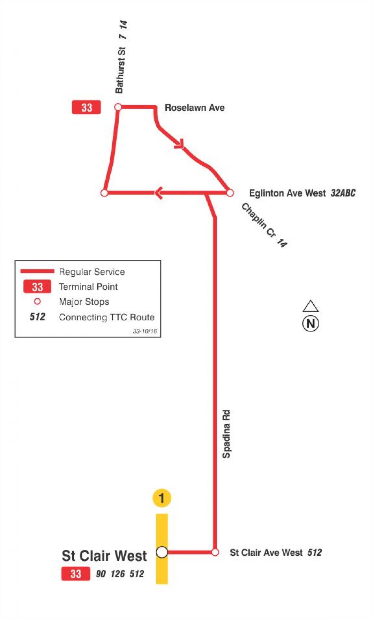 Карта на TTC 33 Форест Хил автобуси по маршрута Торонто