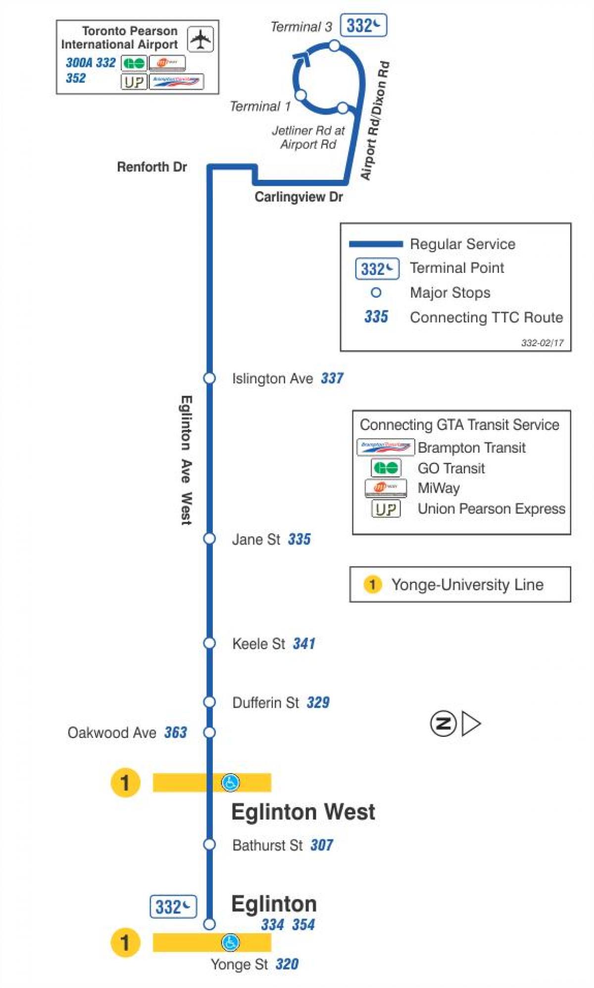 Карта на TTC 332 Эглинтон Уест автобусна линия Торонто