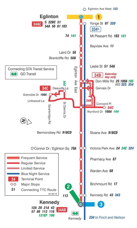 Карта на TTC 34 Эглинтон Източното автобусна линия Торонто