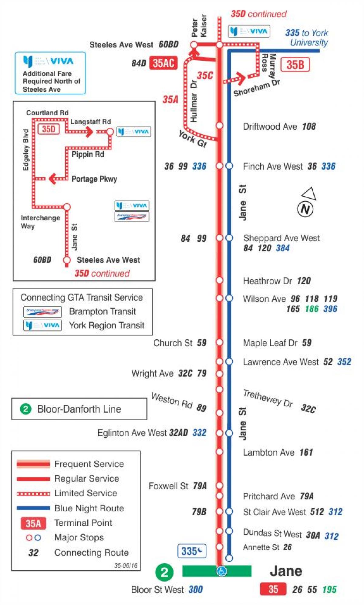 Карта на TTC 35 Джейн автобусна линия Торонто