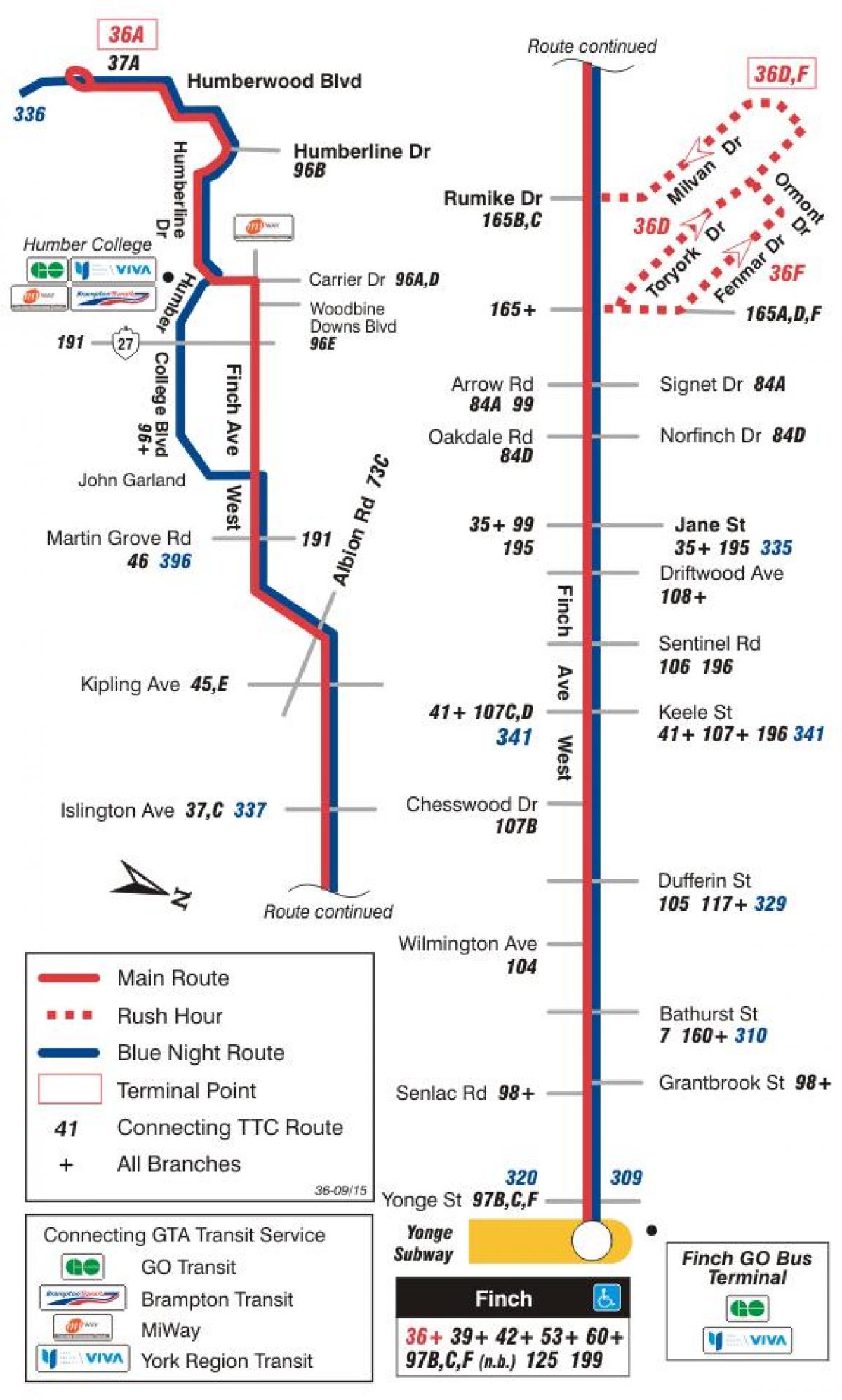Карта ТТС 36 Финч Западния автобусна линия Торонто