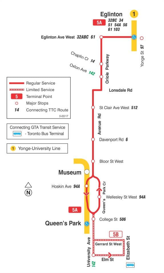 Карта на TTC 5 Авеню та автобусни маршрута Торонто