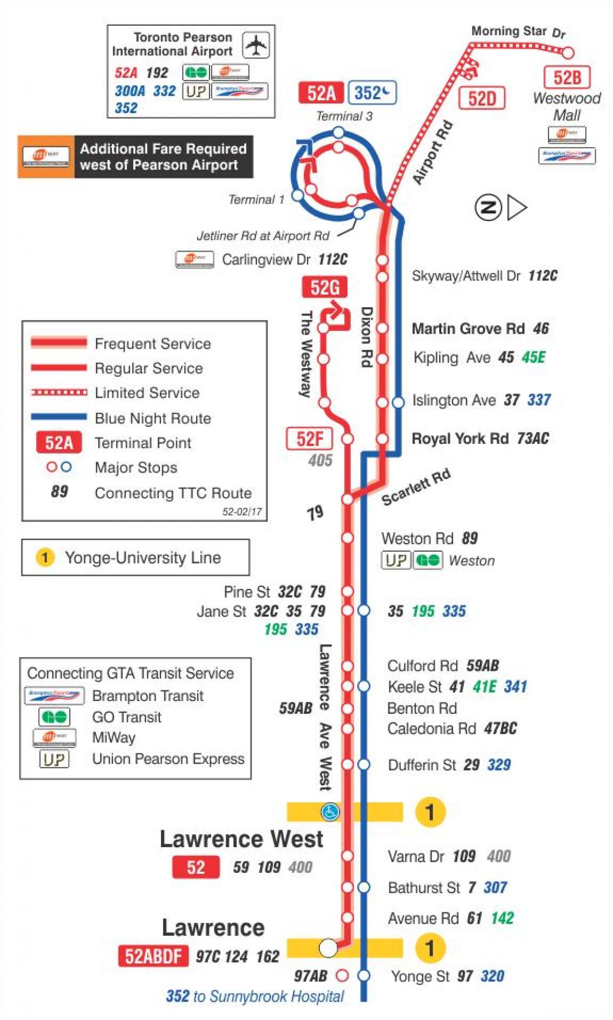 Карта ТТС 52 Лоурънс Уест автобусна линия Торонто