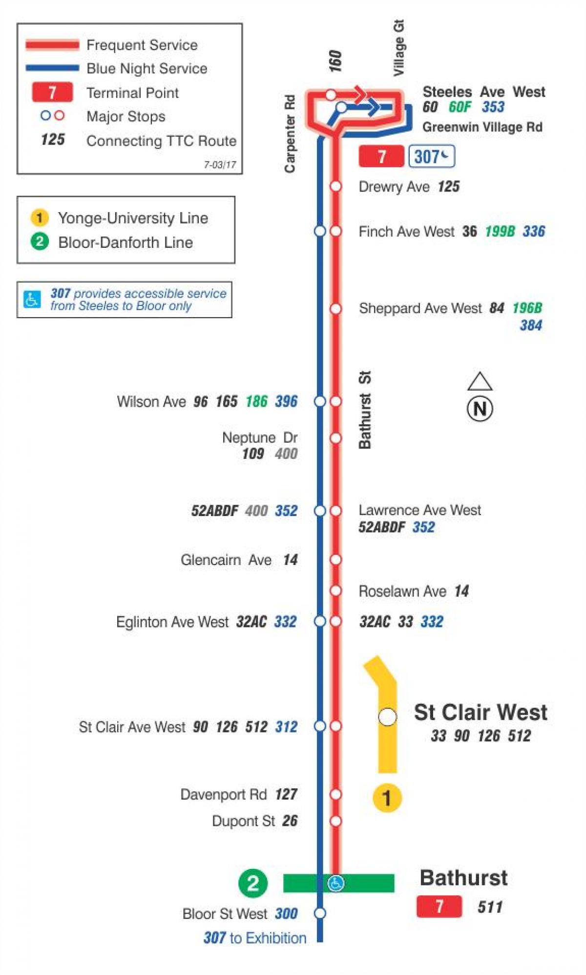 Карта на TTC 7 Bathurst автобусна линия Торонто