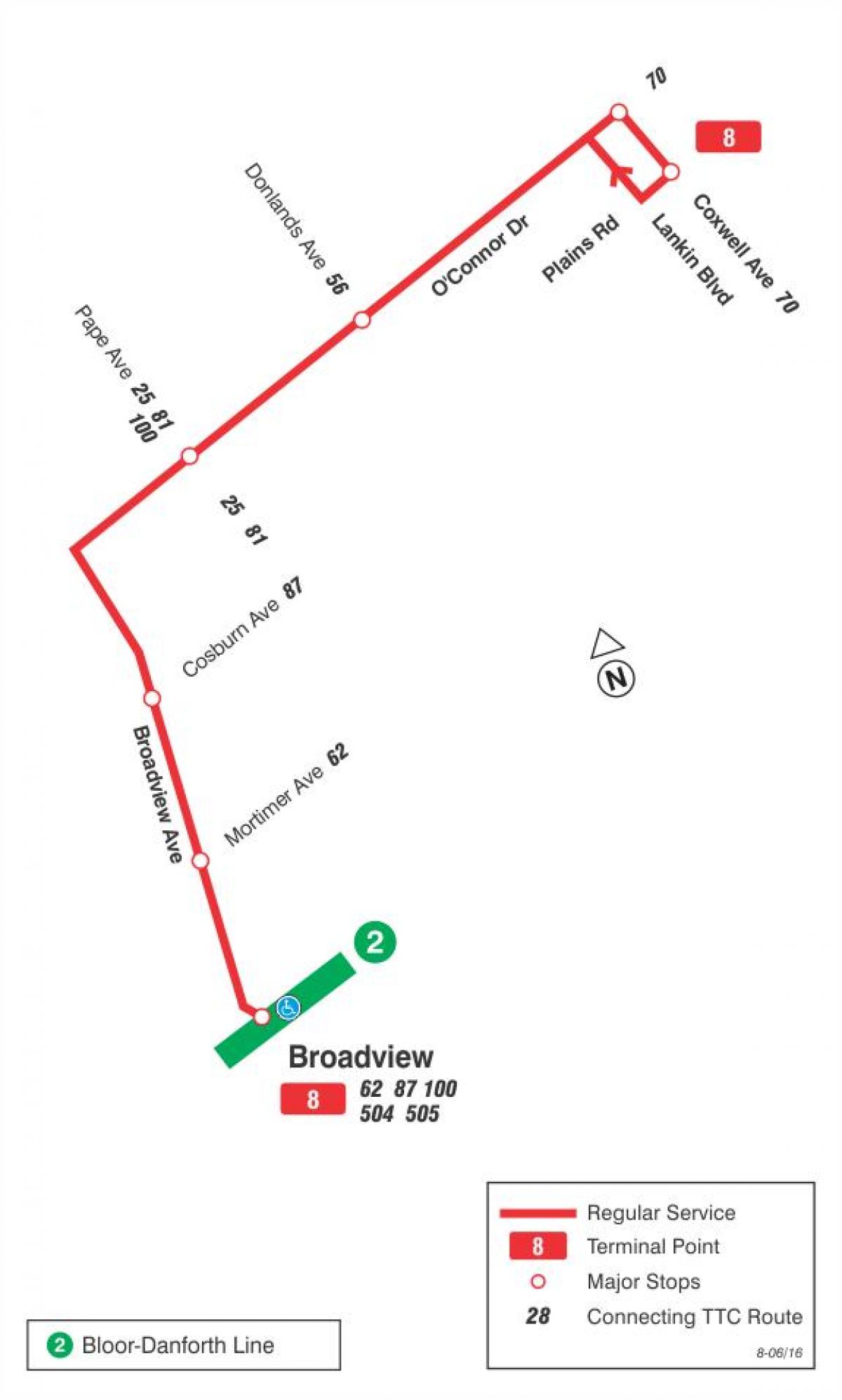 Карта на TTC 8 Broadview автобусна линия Торонто