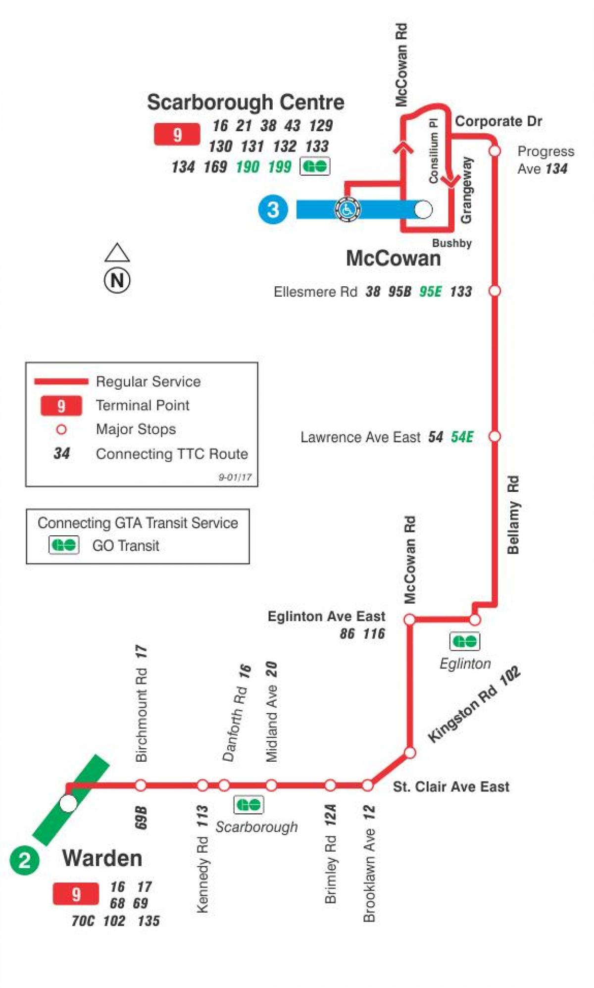 Карта на TTC 9 Белами автобусна линия Торонто