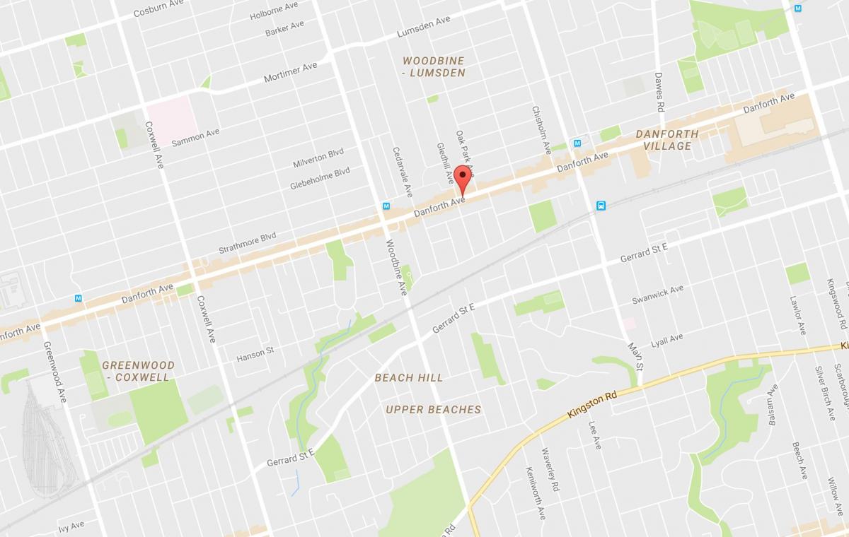 Карта на Източна Danforth квартал на Торонто