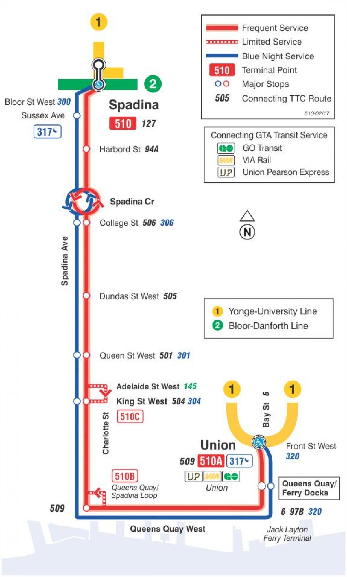 Карта на трамвайна линия 510 Спадина