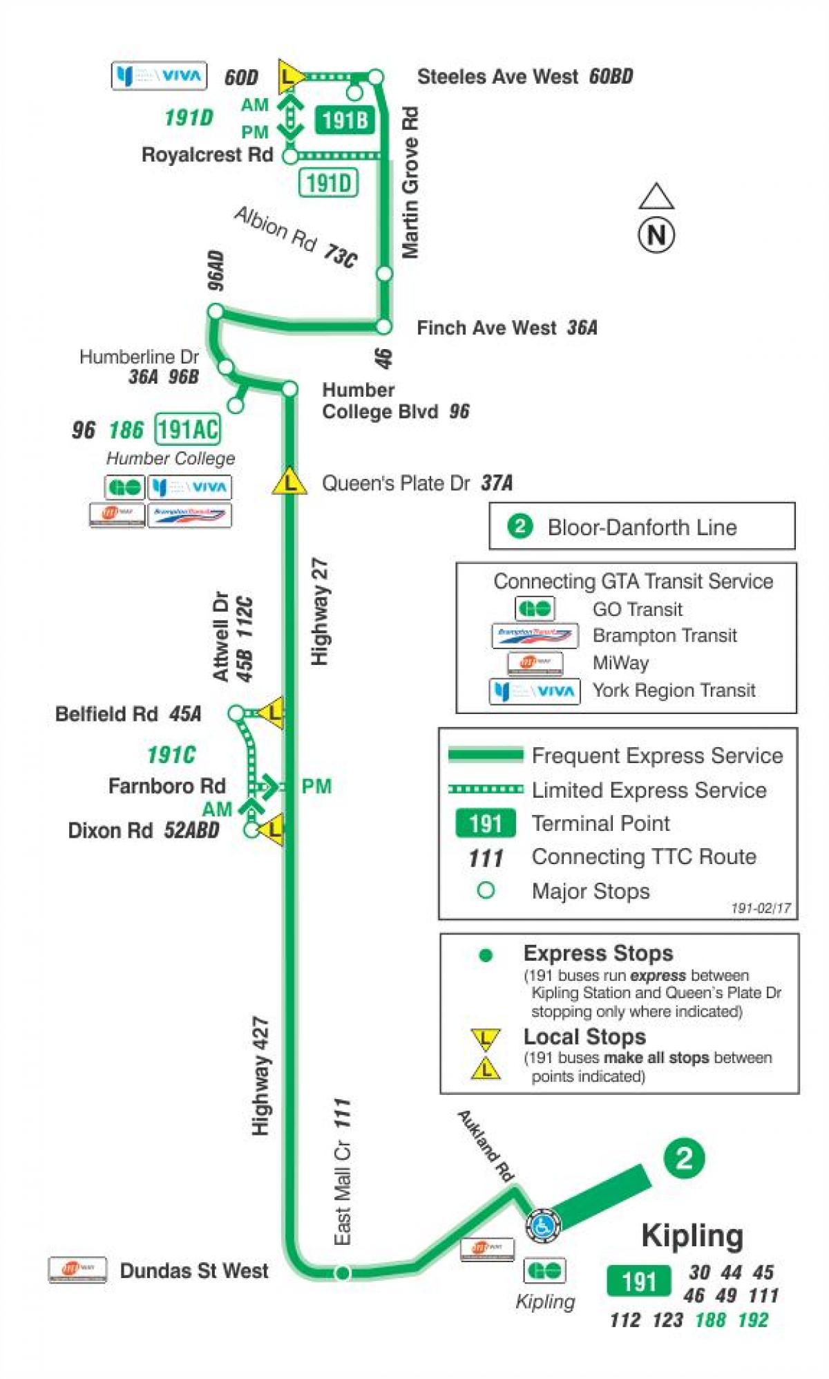 Карта на TTC магистрала 191 ракета 27 автобусни маршрута Торонто