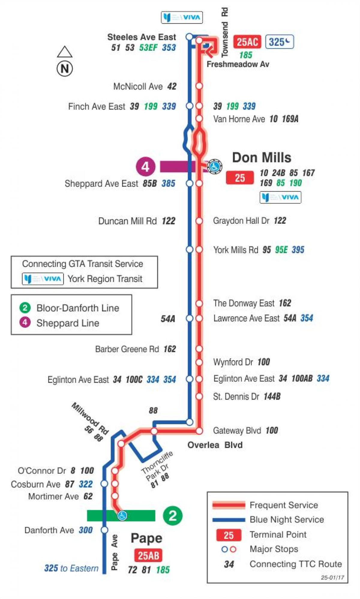 Карта ТТС 25 Дон Милс автобусна линия Торонто