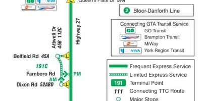 Карта на TTC магистрала 191 ракета 27 автобусни маршрута Торонто