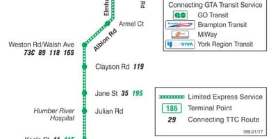 Карта на TTC 186 ракета Уилсън автобусна линия Торонто