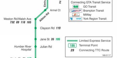 Карта на TTC 186 ракета Уилсън автобусна линия Торонто