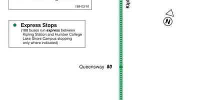 Карта на TTC 188 Киплинг ракети в Южен автобусна линия Торонто