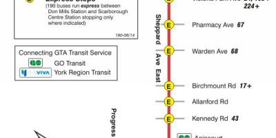 Карта на TTC 190 Scarborough Център ракета автобусна линия Торонто