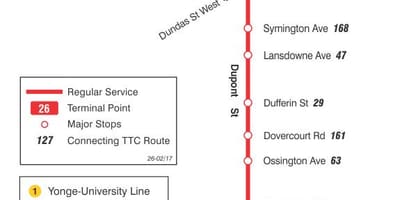Карта на TTC 26 Dupont автобусна линия Торонто