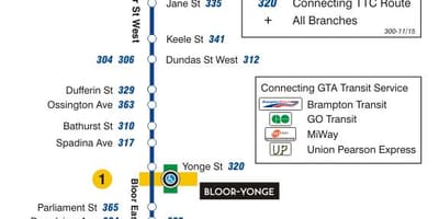 Карта на TTC 300А Bloor-Danforth автобусна линия Торонто