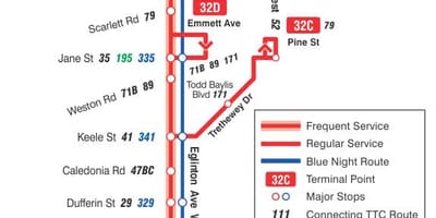 Карта на TTC 32 Эглинтон Уест автобусна линия Торонто