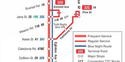Карта на TTC 32 Эглинтон Уест автобусна линия Торонто