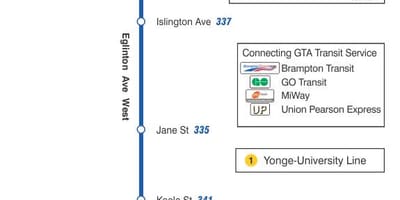 Карта на TTC 332 Эглинтон Уест автобусна линия Торонто