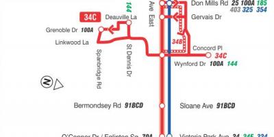 Карта на TTC 34 Эглинтон Източното автобусна линия Торонто
