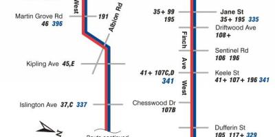 Карта ТТС 36 Финч Западния автобусна линия Торонто