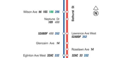Карта на TTC 7 Bathurst автобусна линия Торонто