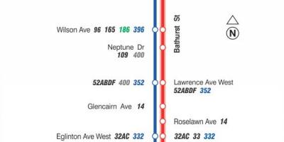 Карта на TTC 7 Bathurst автобусна линия Торонто