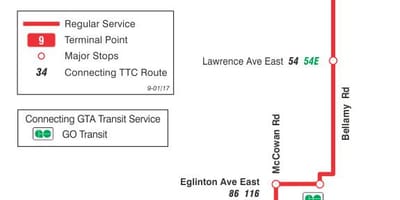 Карта на TTC 9 Белами автобусна линия Торонто