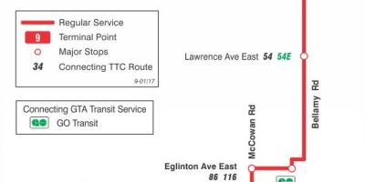 Карта на TTC 9 Белами автобусна линия Торонто